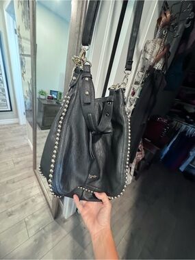 Jessica Simpson Black Leather Stud-Trim Shoulder Bag